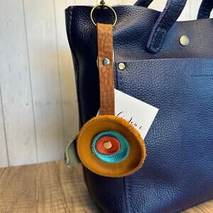 Genuine Leather Purse Charm Orange Blue Tan Flower Keychain Accessory